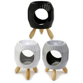 Aromalámpa, Kerámia - Absztrakt Forma, Fa Lábbal - Fehér - Csíkos